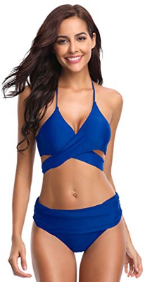 SHEKINI Bikini de Traje de baño de Colores Oscuros para Mujer Bikini de Tirantes Bikini de Cintura Alta de Dos Piezas (M, Azul Zafiro)