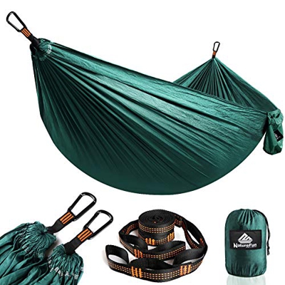 NatureFun Hamaca ultraligera para camping| 300kg de capacidad de carga, (275 x 140 cm) Estilo paracaídas de Nylon, transpirable y de secado rápido. 2 