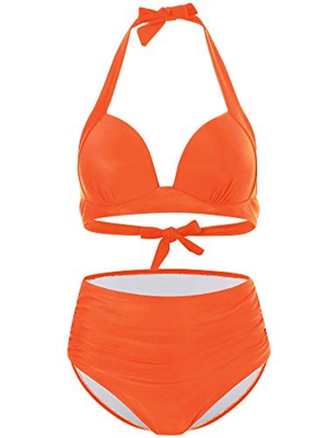 FLYILY Traje de baño para Mujer Talle Alto Acolchado Halter Playa bañador(Orange,S)