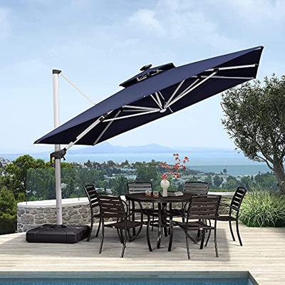 PURPLE LEAF 3X3 M Parasol Excéntrico de Jardín con LED, Sombrilla, Mástil de Aluminio con Manivela, Protección UV 50+, 6 Niveles de Inclinación, Azul
