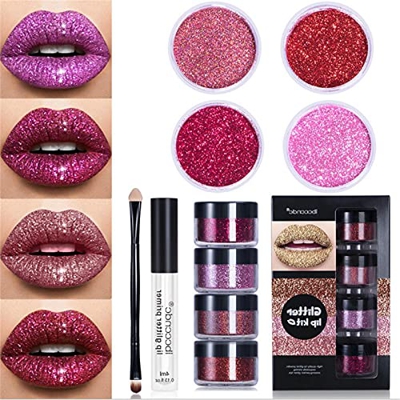 Kit De Labios con Purpurina Stay Golden Cosmetics, con ImprimacióN De Labios Y Pincel, LáPiz Labial MetáLico con Brillo De Diamante De 4 Colores, para