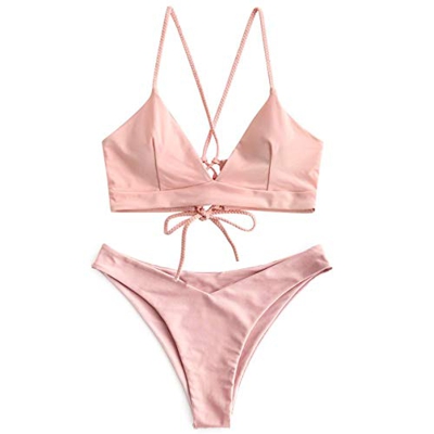 CheChury Mujeres Conjunto de Bikini con Relleno Halter Bañador Push Up Tirantes Cruzados Bikini Floral impresión Trajes de baño