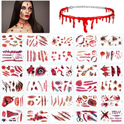 LANMOK Tatuajes Temporales de Halloween 30 piezas Tatuajes de Cicatrices Heridas con Collar de Sangre Pegatinas de Zombie Vampiro Accesorios de Maquil en oferta