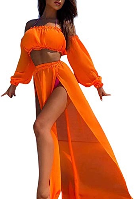 Vestido de Playa 2 Piezas Traje de Baño para Mujer Cubierta de Bikini Crop Top Camiseta Corta de Manga Larga Falda Larga con Aberturas Pareo Cover Up 