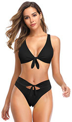 SHEKINI Bikini de 3 Piezas para Mujer Traje de Baño con Cordones Top de Bikini con Cuello En V Profundo Pantalones de Cintura Baja o Alta (Negro Bikin en oferta