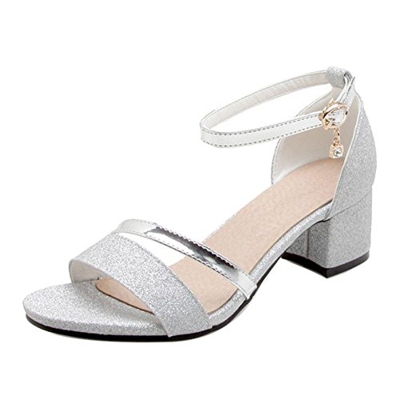 RAZAMAZA Mujer Moda Chunky Tacon Correa de Tobillo Sandalias Punta Redonda Silver Size 43 Asian
