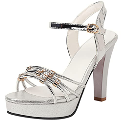 MJIASIAWA Bridal Sandalias Mujer Punta Abierta Correa De Tobillo Elegante Plataforma Tacón Alto Moda Strappy Prom Noche Zapatos Plateado Talla 36.5 EU en oferta