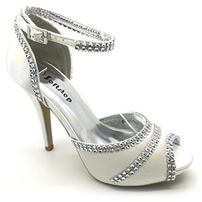 Sandalias de tacón alto para mujer, con plataforma, para vestido de novia, vestido de boda, fiesta, brillantes, correa en el tobillo, color marfil, 39