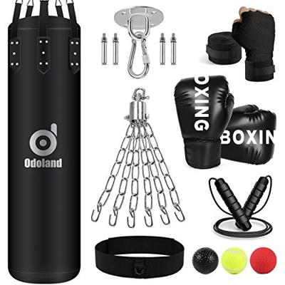 Odoland Saco de Boxeo Sin Relleno 120CM con Guantes de Boxeo, Boxing Reflex Ball, Vendas Boxeo, Cuerda para Saltar y Cadena, Saco Boxeo Adulto para En