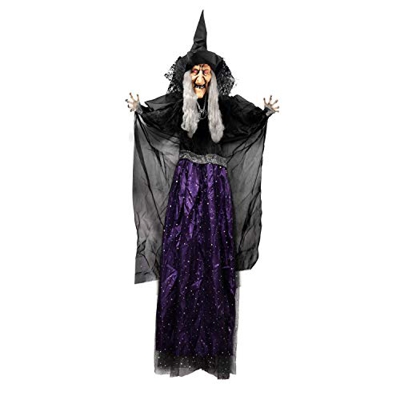 Decoración de Bruja Animada Colgante de 119 cm con Ojos Iluminados y Función de Activación de Sonido para Decoración de Casa Embrujada de Halloween