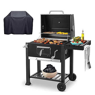 AeasyG Carrito para Parrilla de Barbacoa con Estante Lateral y termómetro de Gancho Sacacorchos Bandeja de carbón Ajustable y ventilación, 2 Ruedas, á