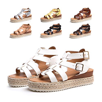 Sandalias Mujer Plataforma Verano Casual Sandalias Alpargatas Cuña Plateau Esparto Moda Playa 5.5CM 05 Blanco Talla 38