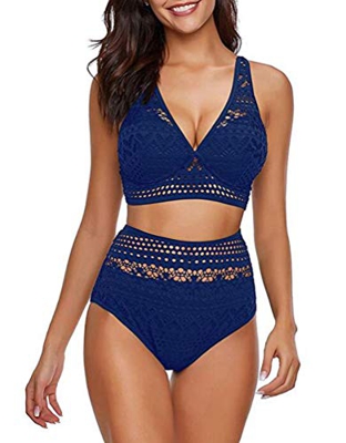 Bikini De Crochet De Dos Piezas De Talle Alto para Mujer con Bikini con Cuello En V Único con Un Conjunto De Bikini De Playa De Color Liso Conjunto De