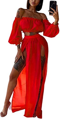 Vestido de Playa 2 Piezas Traje de Baño para Mujer Cubierta de Bikini Crop Top Camiseta Corta de Manga Larga Falda Larga con Aberturas Pareo Cover Up 