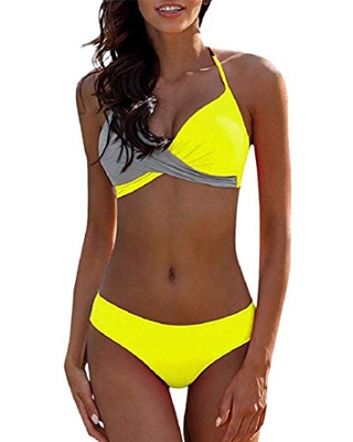 Voqeen Mujeres Bikini Elegante Traje de Baño Conjunto Bañador Halter Sexy Sólido para Mujer Ropa de Playa Traje de Baño Bikini Sets Traje de baño (F, 