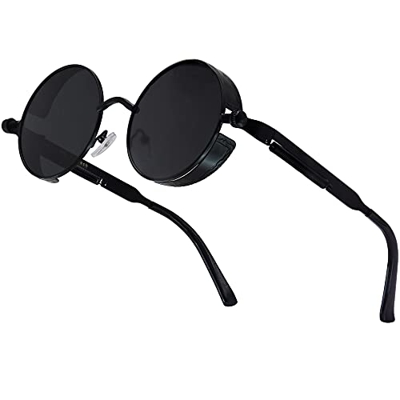 XFentech Steampunk Gafas de Sol - Polarizadas Retro Gafas Redondas Gafas de Sol UV400 Protección Eyewear para Hombres y Mujeres, A1 Marco Negro - Lent