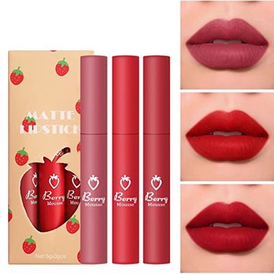 GSJDD Juego de lápiz Labial Mate de Fresa de 3 Piezas, Taza Antiadherente Mate no es fácil de desvanecer, lápiz Labial Mate Impermeable para Esmalte d