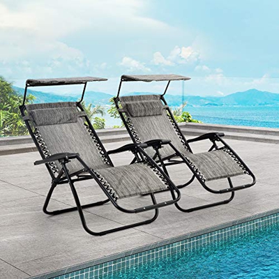 YOTH Juego de 2 tumbonas con dosel para jardín, sillas reclinables al aire libre, silla de patio de gravedad cero