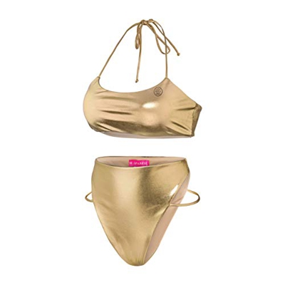 BS BE SPARKLE Bikini Acolchado de Cintura Alta de Dos Piezas con Cuello Halter Dorado Brillante, con Correa extraíble - Dorado - Large