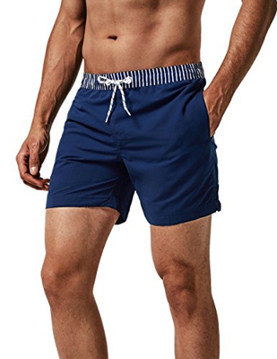MaaMgic Shorts de Baño para Hombre Shorts de Playa Traje de Bañode Secado Rápido para Vacaciones Diseño a Rayas, Cinturón a Rayas Azul Marino L