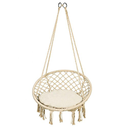 Silla Suspendida exterior Hamaca de colgar, Macrame algodón cuerda colgar Hamaca Silla，redondo con cojín, Boho Style, Capacidad de hasta 150 kg, 60 x  en oferta