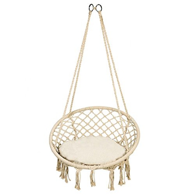 Silla Suspendida exterior Hamaca de colgar, Macrame algodón cuerda colgar Hamaca Silla，redondo con cojín, Boho Style, Capacidad de hasta 150 kg, 60 x 