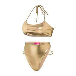 BS BE SPARKLE bikini acolchado de cintura alta de dos piezas con cuello halter dorado brillante, con correa extraíble - Dorado - Medium características