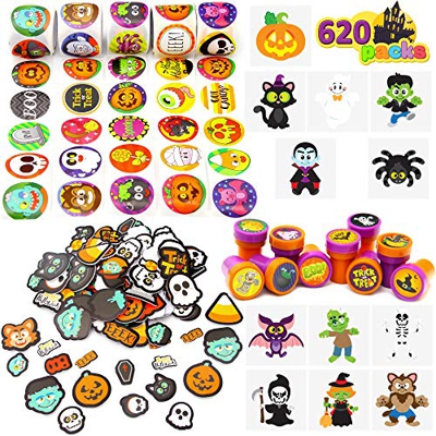 Más de 600 Pcs Kit Surtido de Manualidades de Halloween, incluyen Tatuajes Temporales, Pegatinas de Espuma, Sellos, para Truco o Trato, Regalos de Fie