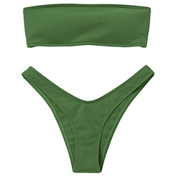Voqeen Mujeres Sexy Bandeau Traje de baño Cuello Alto sin Tirantes Acanalado Cojín extraíble Conjunto de Bikini de Cintura Baja precio