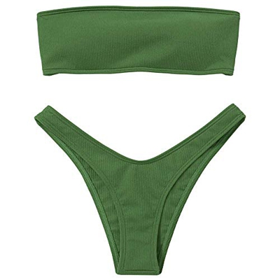 Voqeen Mujeres Sexy Bandeau Traje de baño Cuello Alto sin Tirantes Acanalado Cojín extraíble Conjunto de Bikini de Cintura Baja