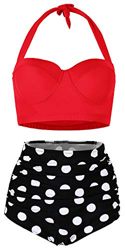 ChayChax Mujer Bikinis de Dos Piezas Conjuntos Retro Polka Punto Traje de Baño Cintura Alta, Rojo + Negro, Talla M en oferta