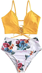 JFAN Mujer Playa Traje de Baño Nudo Delantero de Cintura Alta con Estampado Floral Correas Trenzadas Conjunto de Bikini(Amarillo,S) en oferta