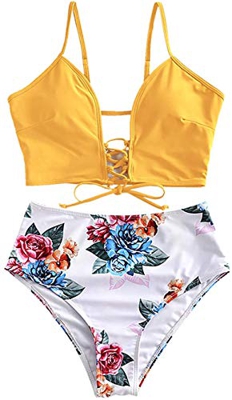 JFAN Mujer Playa Traje de Baño Nudo Delantero de Cintura Alta con Estampado Floral Correas Trenzadas Conjunto de Bikini(Amarillo,S)