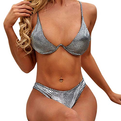 Bikini Metalizado Brillante Trajes De Baño De Dos Piezas para Mujer, Woman Swimsuit Bikini Sujetador con Aros, Dos Piezas Traje Holográfico Sexy Bikin