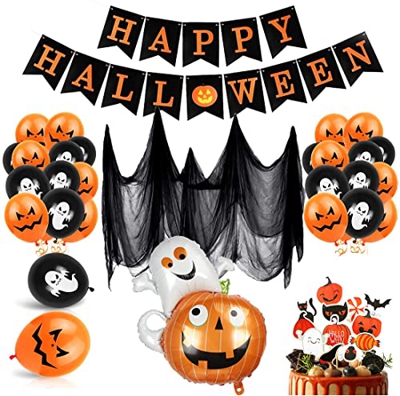 Bluelves Decoración de Fiesta de Halloween Set, Globos de decoración de Halloween, Happy Halloween Bandera, Halloween Tela De Araña, Halloween Magdale