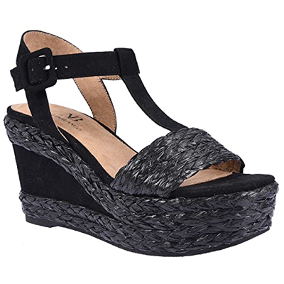 Sandalia de Mujer - Cuña Yute Destalonada - Tacón Ancho de 8 CM - Cierre Ajustable con Hebilla (Negro, numeric_39)