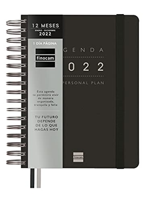 Finocam - Agenda 2022 1 DIA PÁGINA - ANUAL (Enero a Diciembre), 12 meses, 4 grados - 155x217 mm Tempus Negro Español con planificación mensual a cuadr