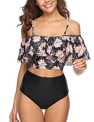 Voqeen Mujer Bikini con Cuello Halter Acolchado y Volante Acanalado de Cintura Alta y Traje de baño