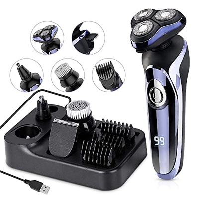 Afeitadora eléctrica en seco y en húmedo 5 en 1, afeitadora eléctrica rotativa con cortapelos de precisión IPX7, resistente al agua, cortapelos para h