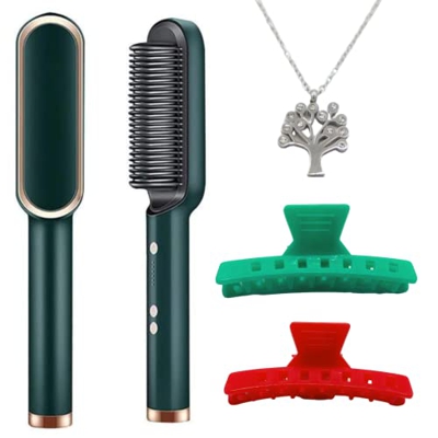 Cepillo Alisador de Pelo - 6 niveles de Temperatura Regulable - 3 Pinzas para Fijación de calidad Profesional y Colgante de Acero Inoxidable (Verde)