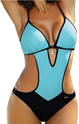JFAN Mujer Halter Trajes de Baño Una Pieza Bikini Push Up V-Cuello Monokini Traje de Baño de Cintura Baja Ropa de Playa Bikini Sets(Turquesa,L) en oferta