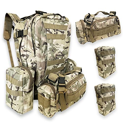 Mochila Táctica Militar de 48.5L. Bolsa Militar MOLLE. Mochila de Asalto. Múltiples Bolsillos y Gran Capacidad. Incluye Riñonera y 2 Bolsas Adicionale