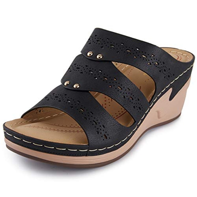 Alexis Leroy Sandalias Mujer verano piel Punta abierta Zapatos de agujero Alpargatas Cuña Negro 39 EU