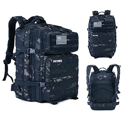 Mochila 45L Táctica Militar Bandera USA Impermeable para Crossfit Caza Aire Libre Deportes Gimnasio Portatil Oxford 900D (Negro Camuflaje)