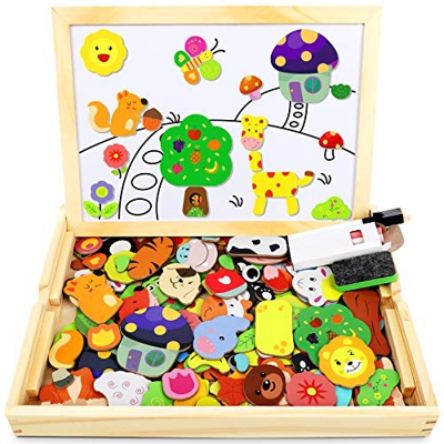 Jojoin 110 pcs Puzzles de Madera Magnética, Juguete Madera con Pizarra Magnética para Dibujo de Doble Cara, Juguete Educativo de Rompecabezas y Dibujo