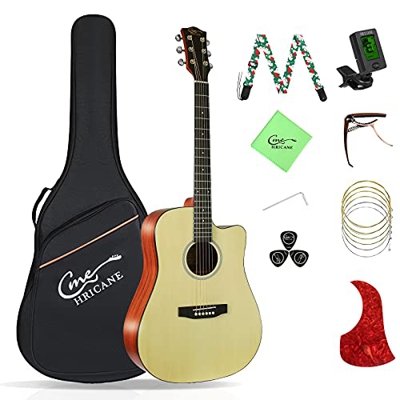 Guitarra acústica Hricane 4/4 Dreadnought Cutaway-104,1 cm-Con afinador-cejilla-cuerdas de repuesto-funda para guitarra folk-set de guitarra acústica-