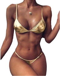 Bikini de Mujer Conjunto de Bikinis Sexy de Dos Piezas Traje de Baño Dorado Tops Push Up + Braguita Tanga de Cintura Baja Bañador Verano Ropa de Playa en oferta