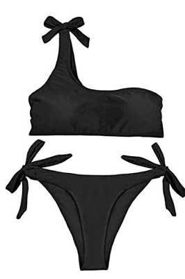 JFAN Mujer Conjuntos de Bikini Rayas con Un Hombro Traje de Baño Estampado Anudado Tiras Tanga Braga Bikini Lado Anudado Bañador Atractivo de Dos Piez