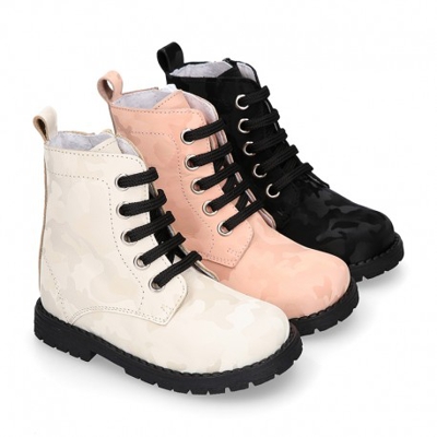 Botita Rockera Niña Cordones En Piel Camuflaje. 34 Negro