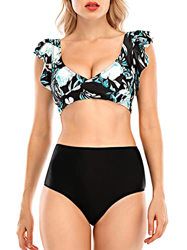 heekpek Bikinis Mujer Sexy Bikini Cintura Alta V Cuello Volantes Floral Estampado Conjunto de Bikini Dos Piezas para Vacaciones en oferta